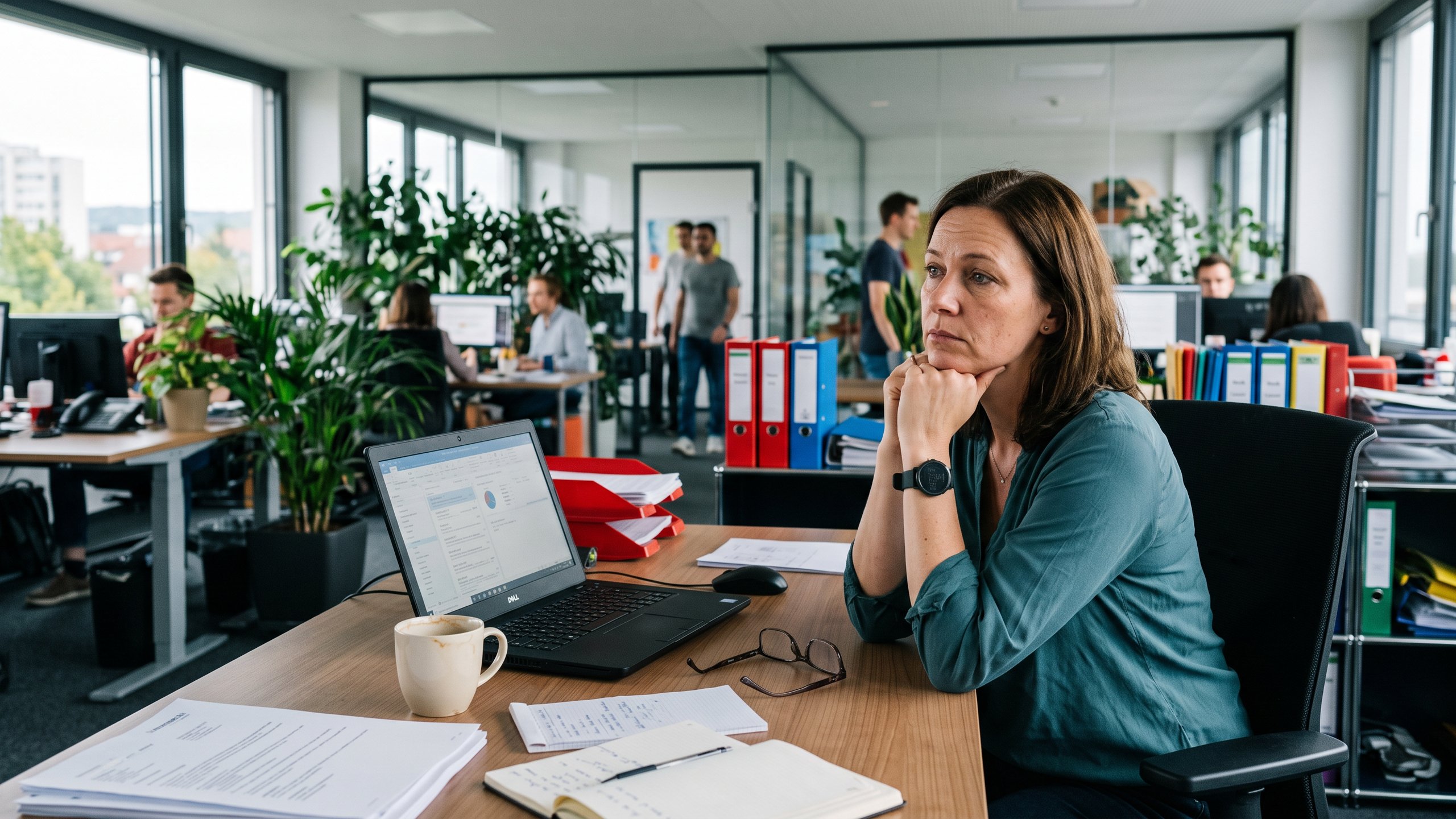 Berufsunfähigkeitsversicherung – Frau denkt am Schreibtisch im Büro über ihre Absicherung nach – Christian Willmann Versicherungsmakler Mannheim