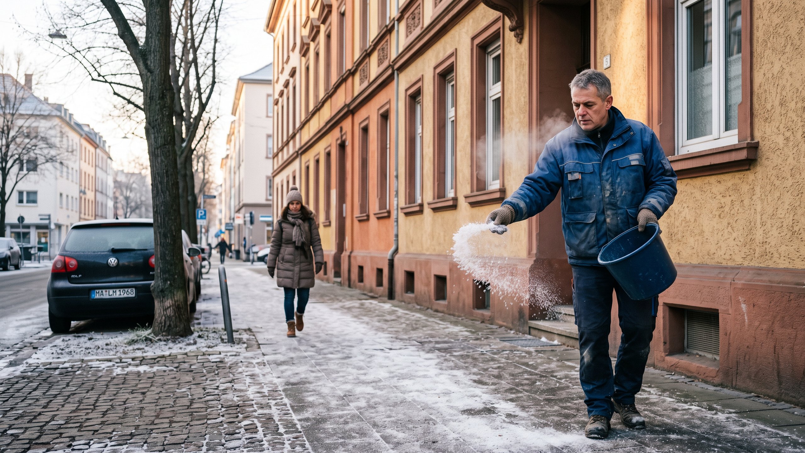 Haus- und Grundbesitzerhaftpflicht – Hausbesitzer streut den vereisten Gehweg vor seinem Haus – Christian Willmann Versicherungsmakler Mannheim