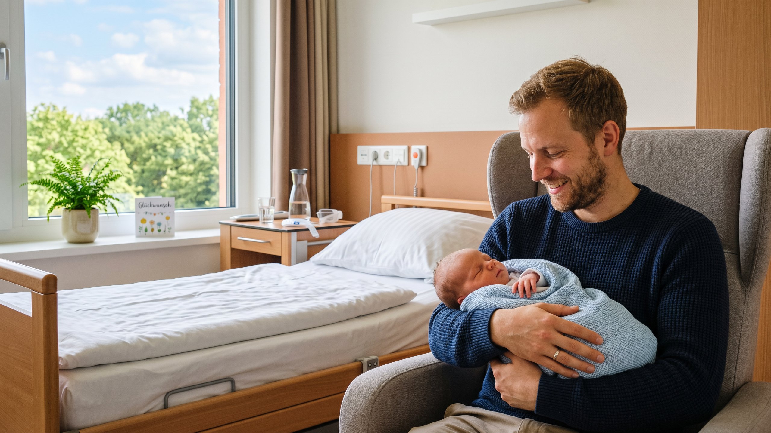 Private Krankenversicherung – Vater hält sein neugeborenes Kind im Klinikzimmer – Christian Willmann Versicherungsmakler Mannheim