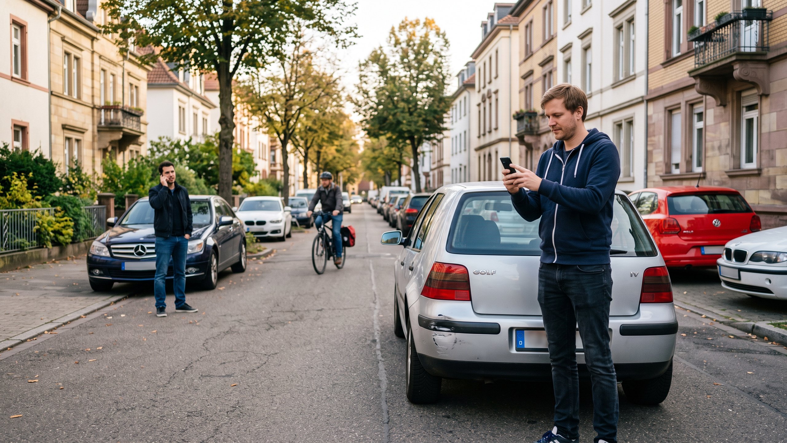 Rechtsschutzversicherung – Mann fotografiert eine Delle an seinem geparkten Auto – Christian Willmann Versicherungsmakler Mannheim