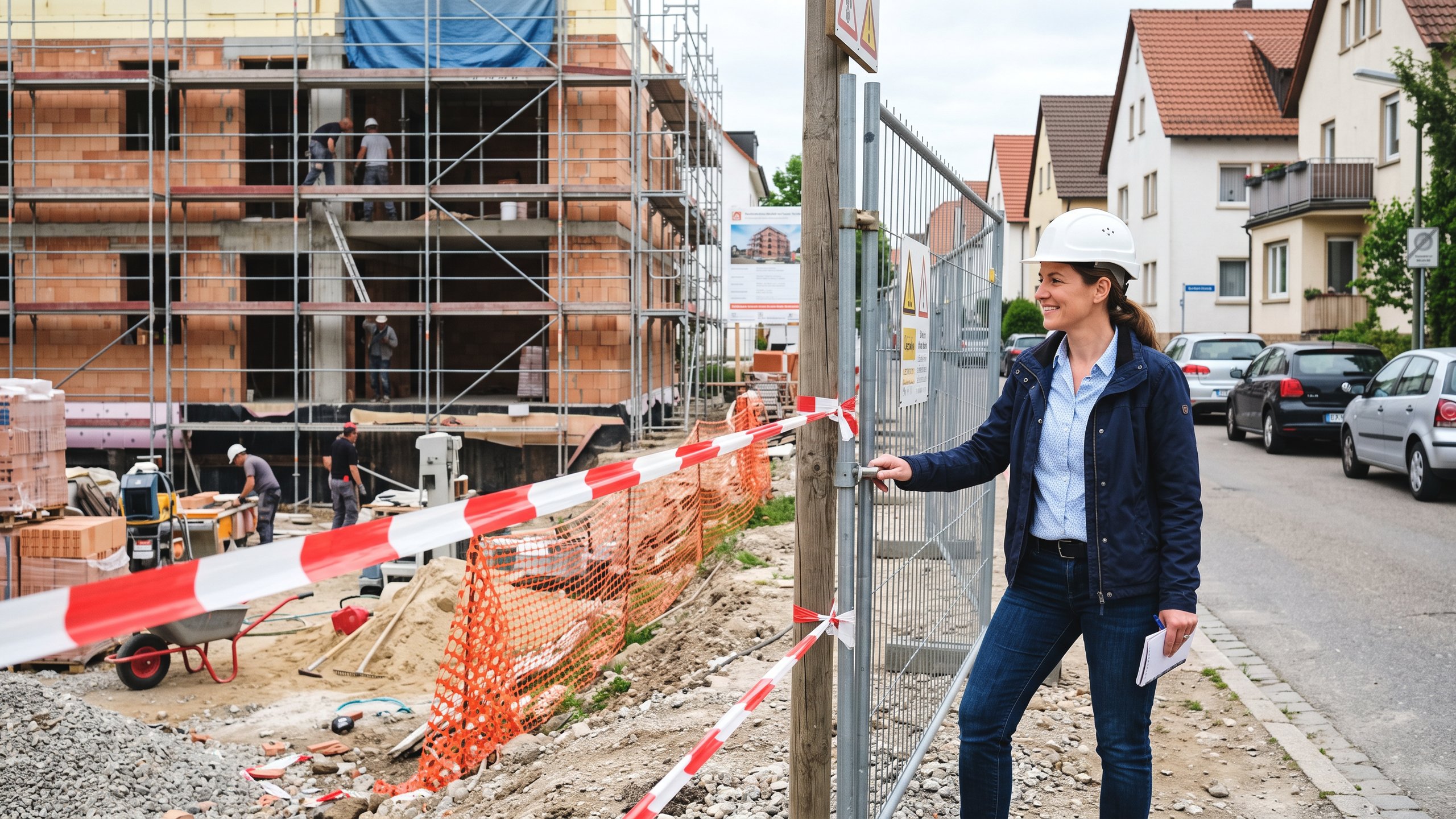 Bauherrenhaftpflicht Mannheim – Bauherrin kontrolliert die Absperrung ihrer Baustelle – Christian Willmann Versicherungsmakler Mannheim