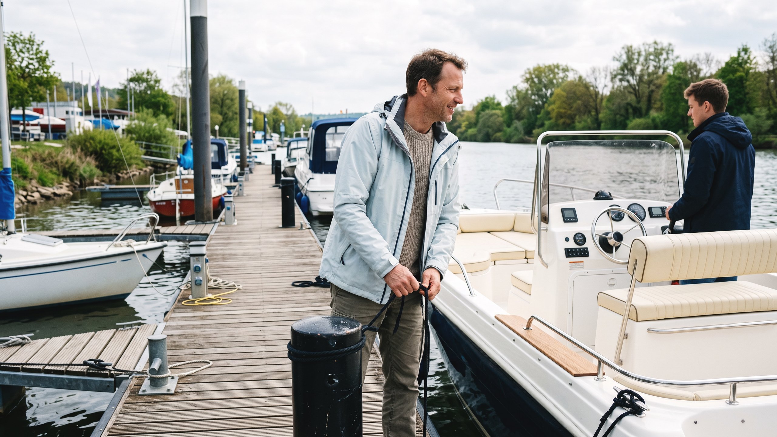 Bootsversicherung Mannheim – Bootseigner am Steg neben seinem Motorboot – Christian Willmann Versicherungsmakler Mannheim