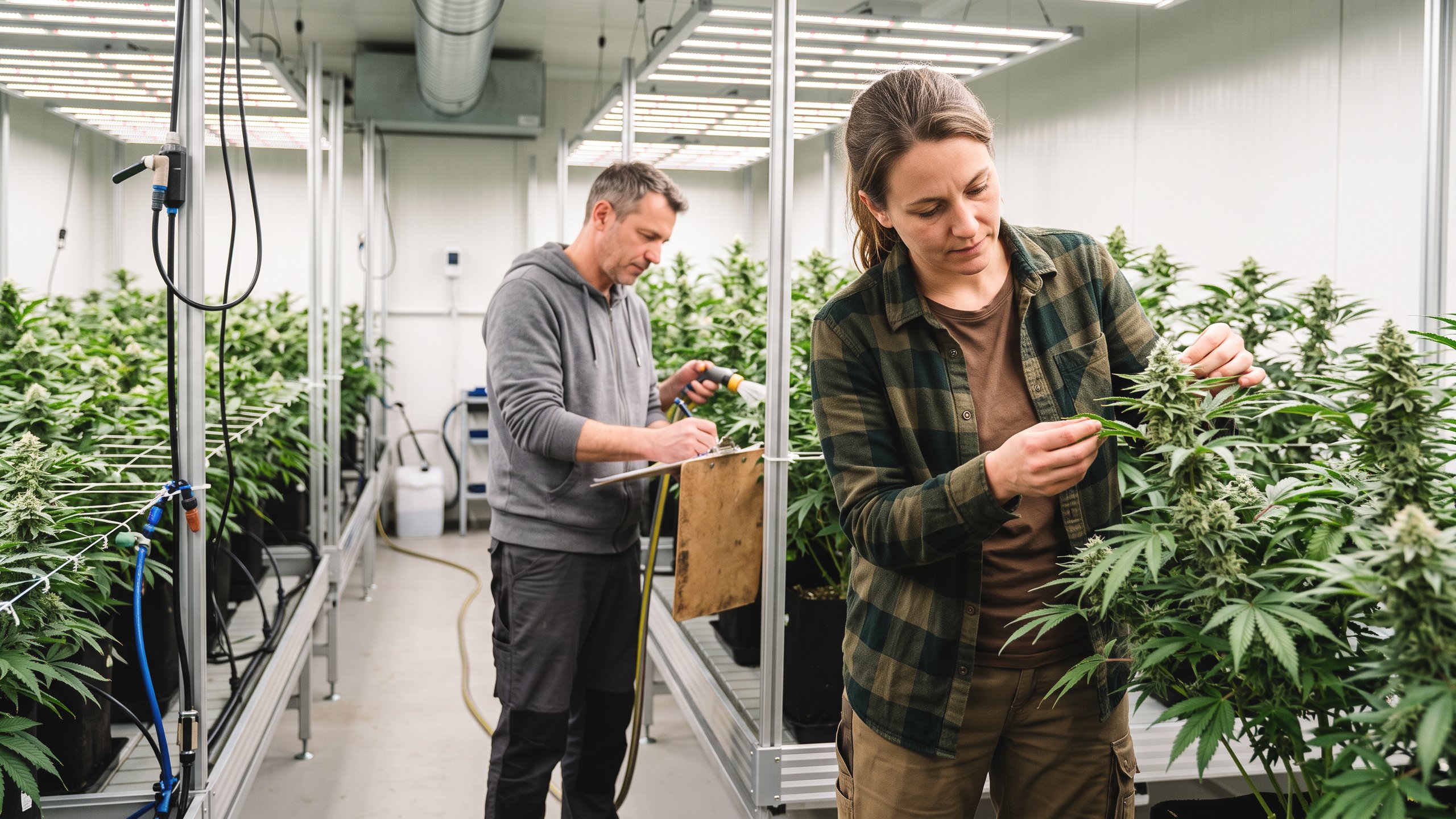 Versicherungen für Cannabis Social Clubs (CSC) – Vereinsmitglieder pflegen blühende Cannabispflanzen im Anbauraum – Christian Willmann Versicherungsmakler Mannheim