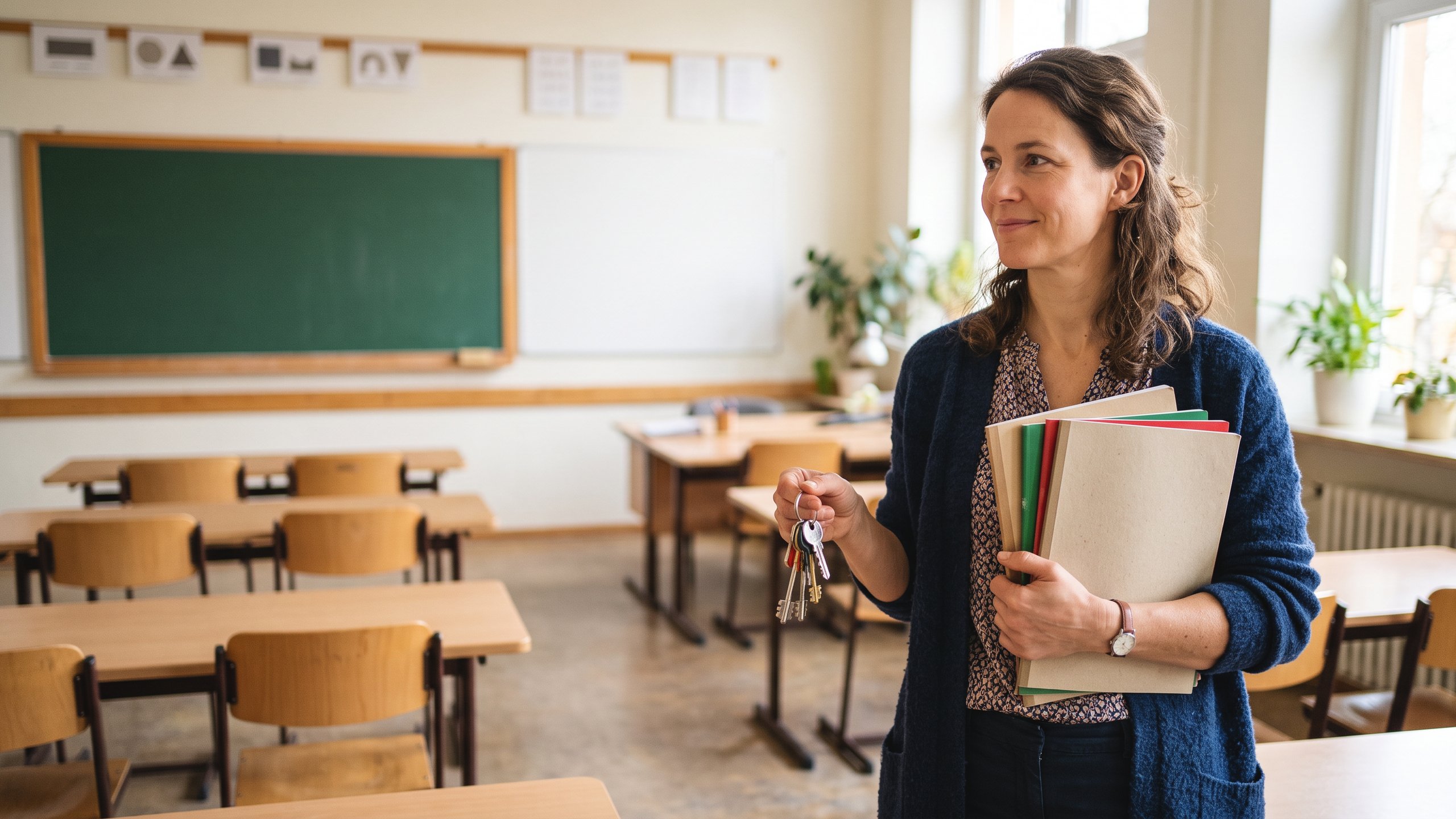 Diensthaftpflicht für Lehrkräfte – Lehrerin mit Schlüsselbund und Heften im Klassenzimmer – Christian Willmann Versicherungsmakler Mannheim