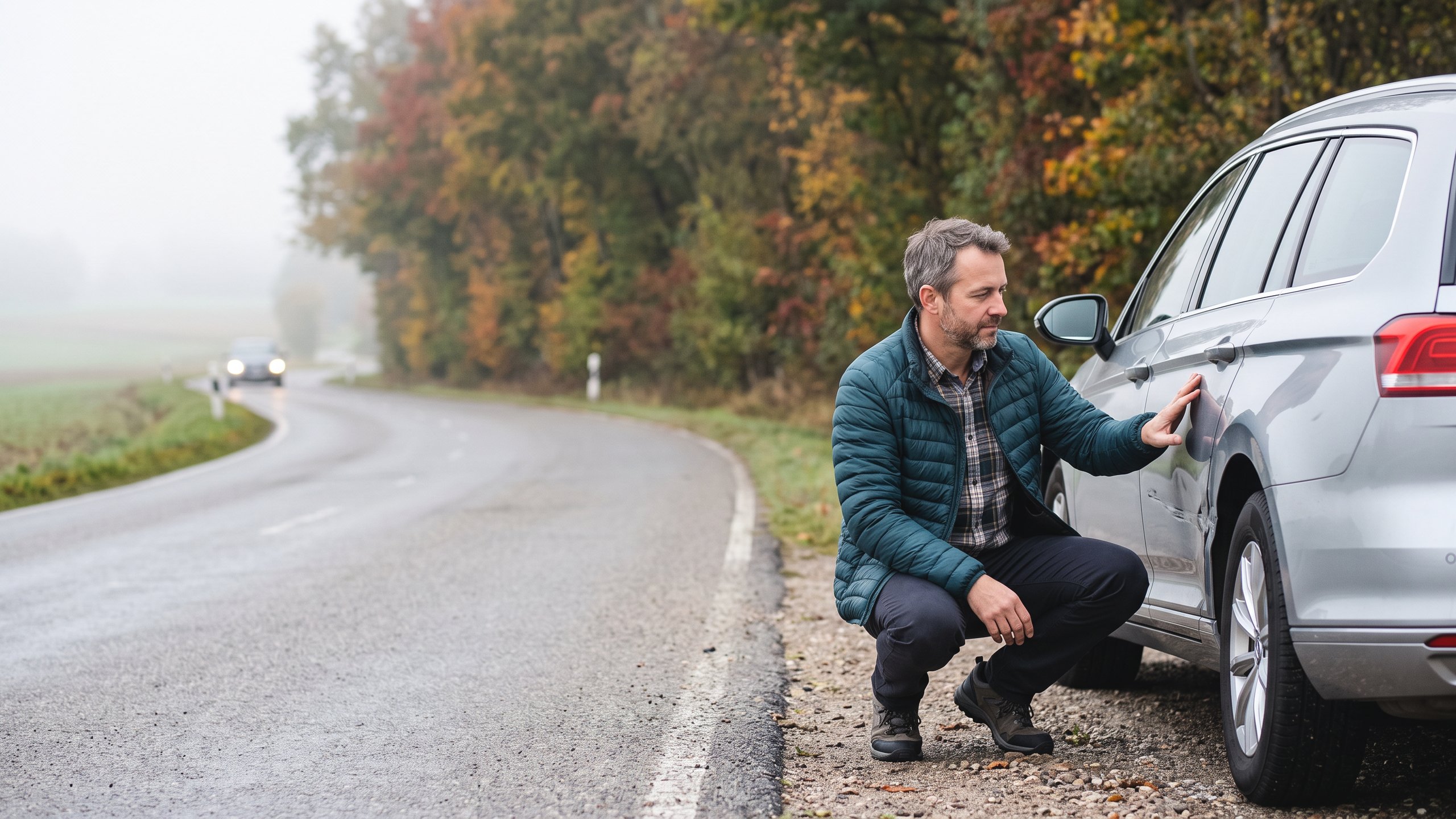 KFZ-Versicherung Mannheim – Autofahrer prüft am Straßenrand eine Delle am Auto – Christian Willmann Versicherungsmakler Mannheim