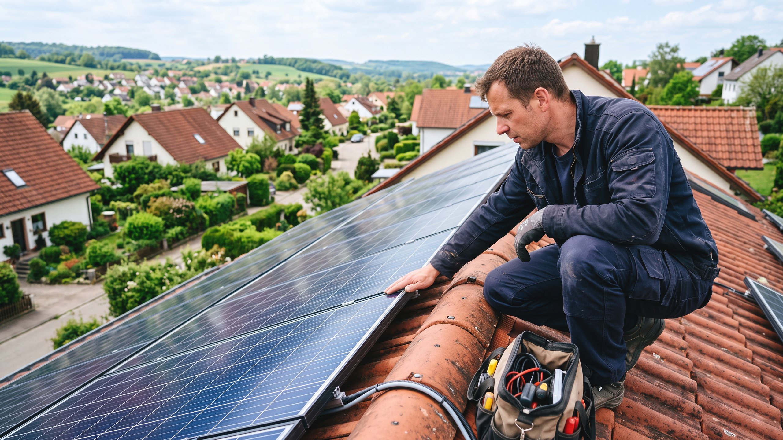 Photovoltaikversicherung – Handwerker prüft Solarmodule auf einem Ziegeldach – Christian Willmann Versicherungsmakler Mannheim