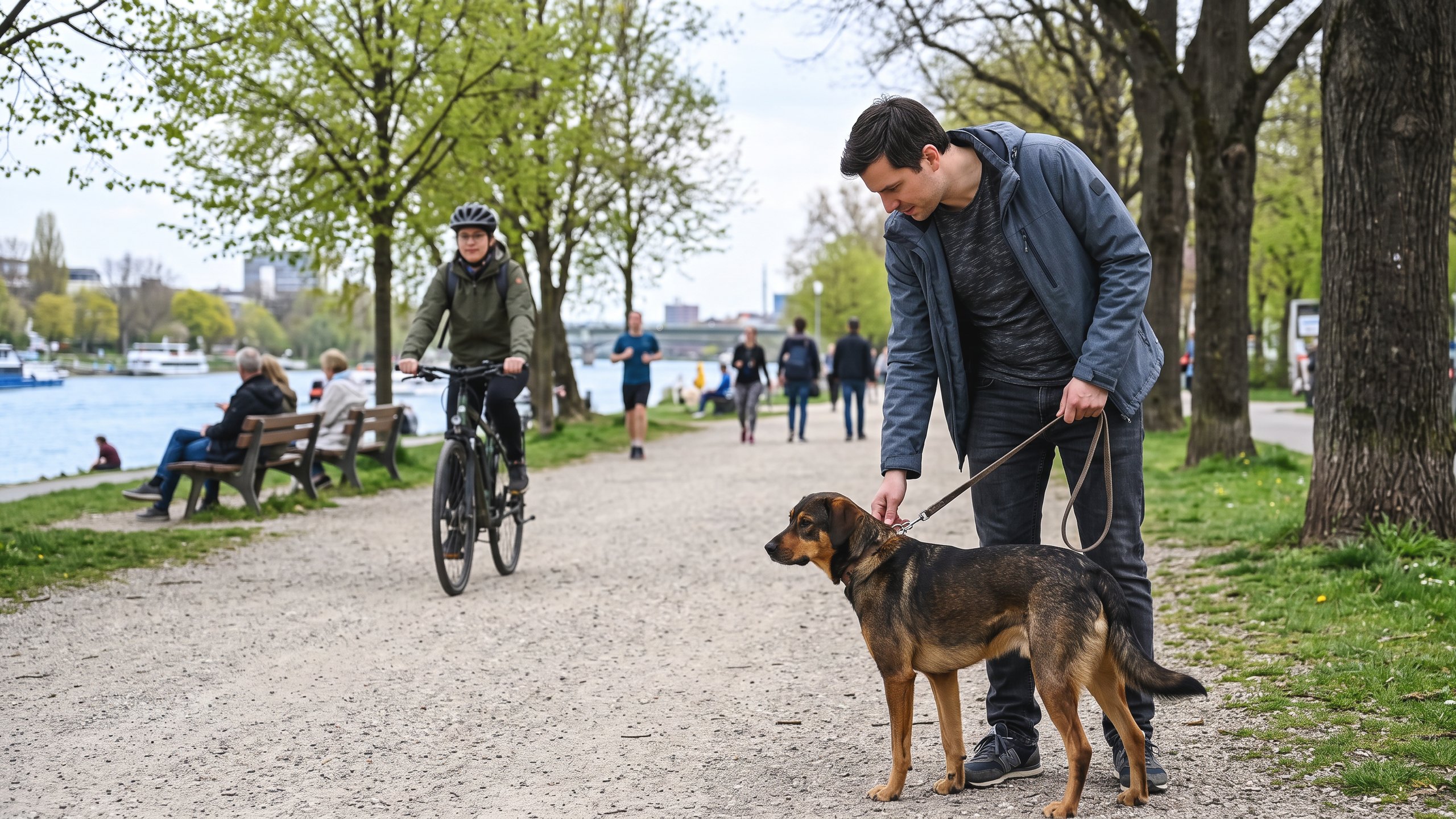 Tierhalterhaftpflicht Mannheim – Hundehalter mit seinem Hund auf dem Uferweg – Christian Willmann Versicherungsmakler Mannheim