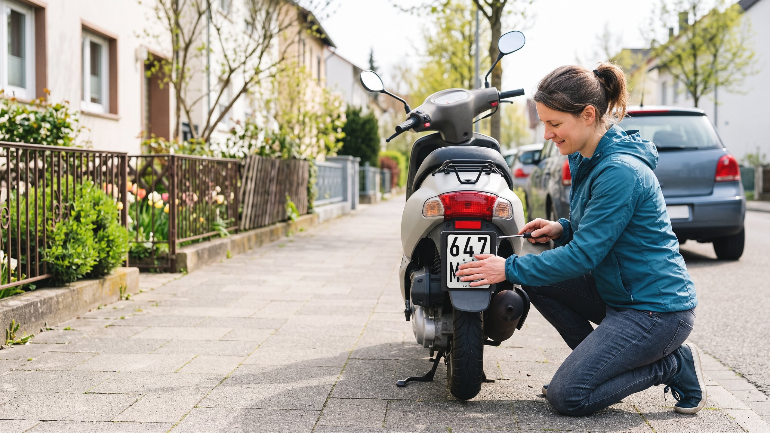 Versicherungskennzeichen Mannheim – Frau schraubt ein Versicherungskennzeichen an einen Motorroller – Christian Willmann Versicherungsmakler Mannheim
