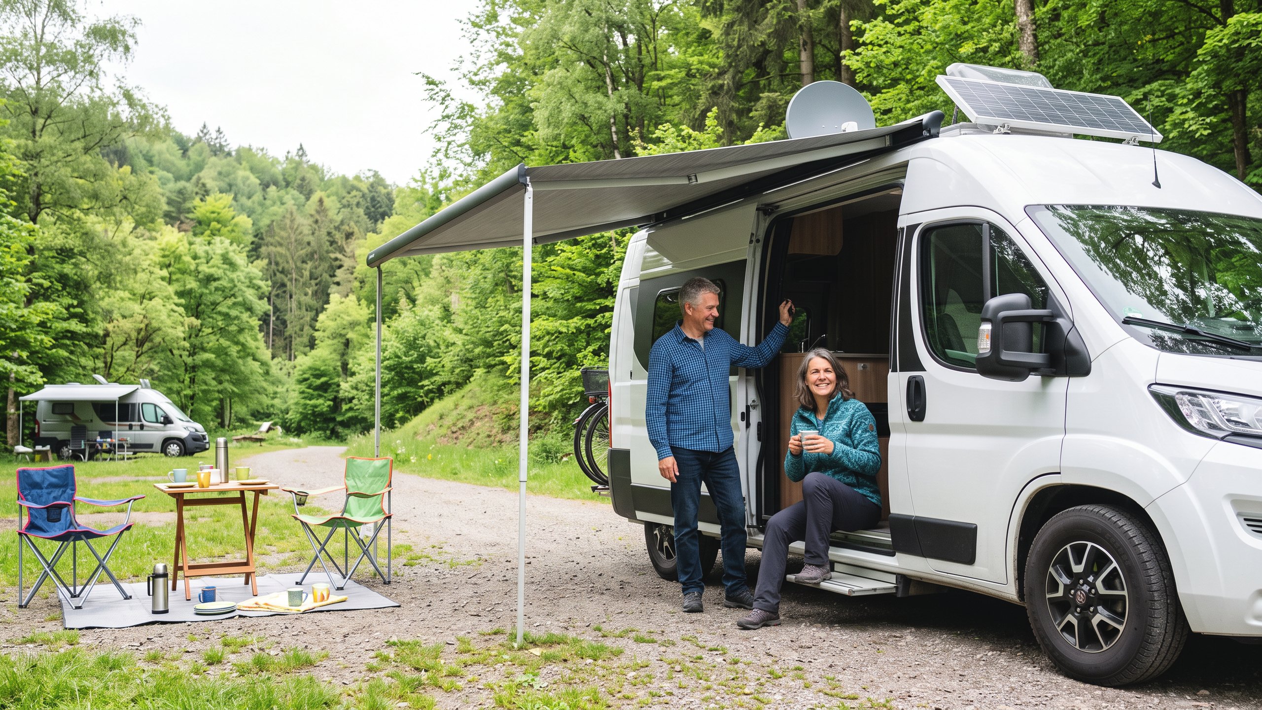 Wohnmobilversicherung Mannheim – Paar entspannt am Wohnmobil auf dem Campingplatz – Christian Willmann Versicherungsmakler Mannheim